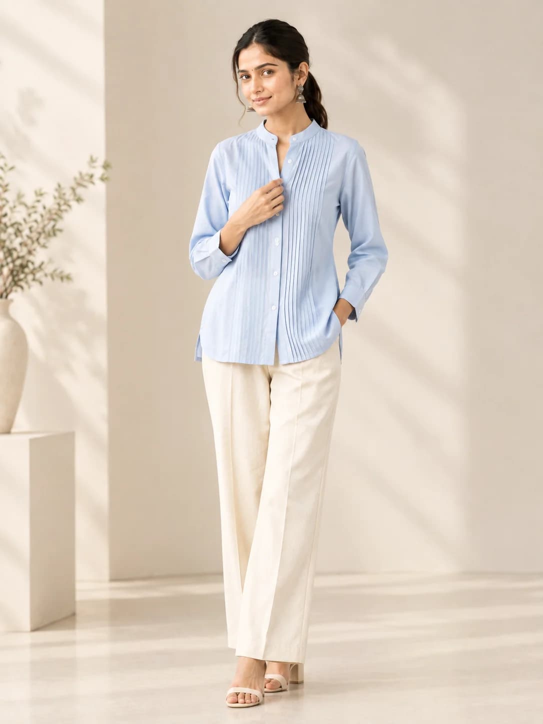 Powder Blue Cotton Pintuck Shirt product image — Powder Blue — image 1