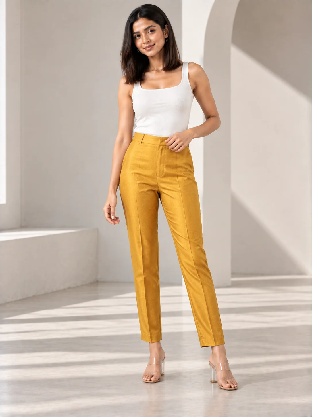 Mustard Silk Blend Cigarette Pants