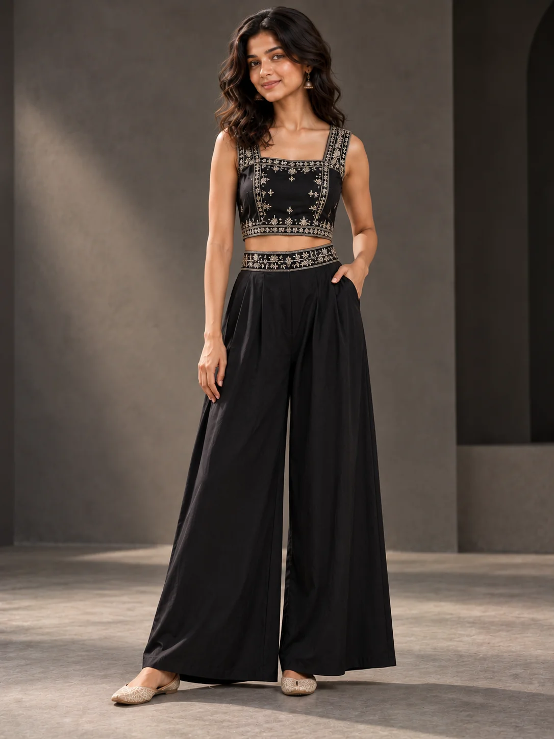 Black Embroidered Crop Top & Palazzo Set