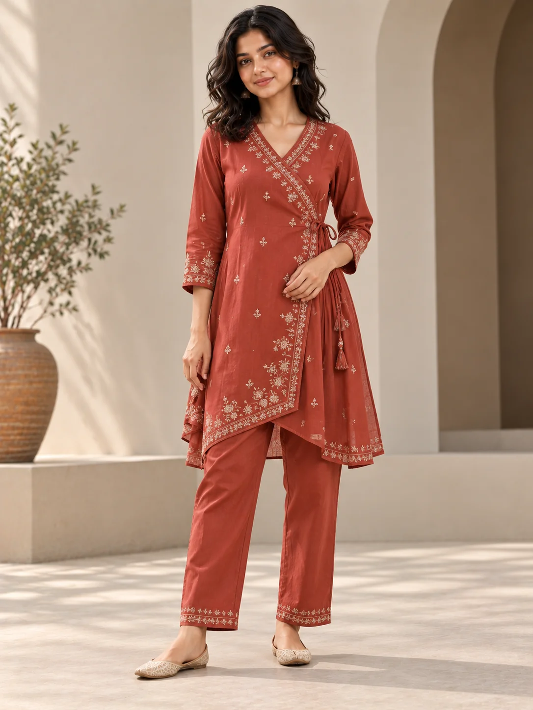 Rust Embroidered Angrakha Top & Pant Set