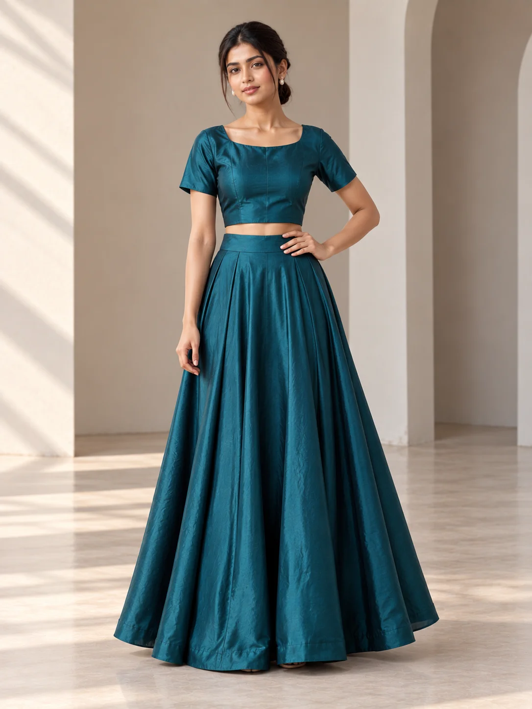 Teal Silk Blend Crop Top & Flared Skirt Set