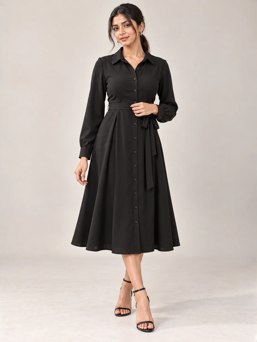 Black Crepe Midi Shirt Dress