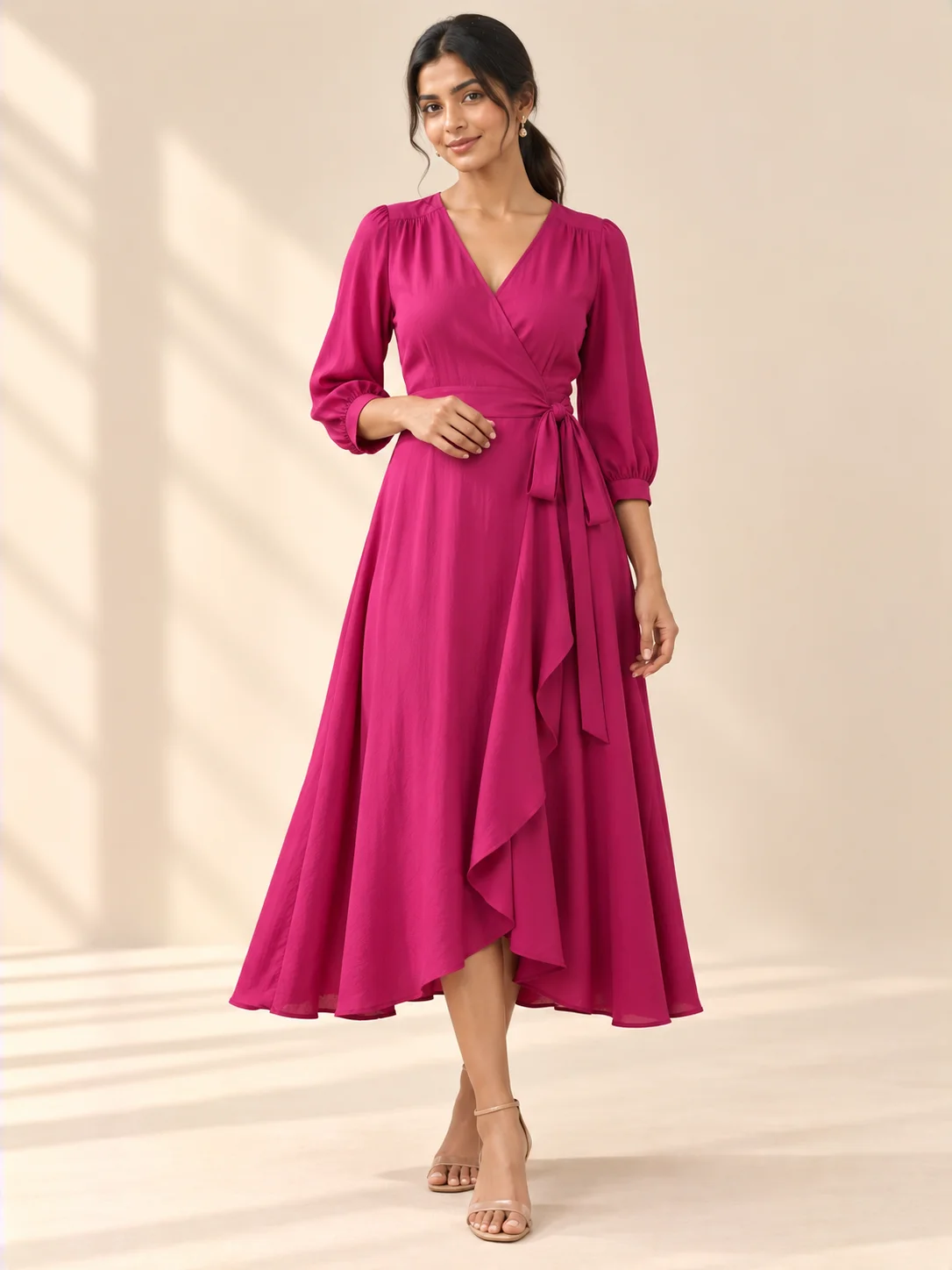 Magenta Rayon Wrap Dress — AURELIA