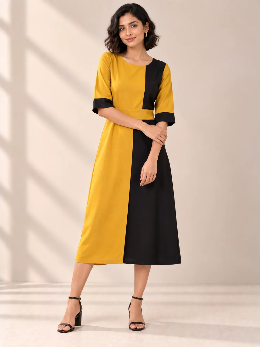 Mustard & Black Colour-Block Shift Dress