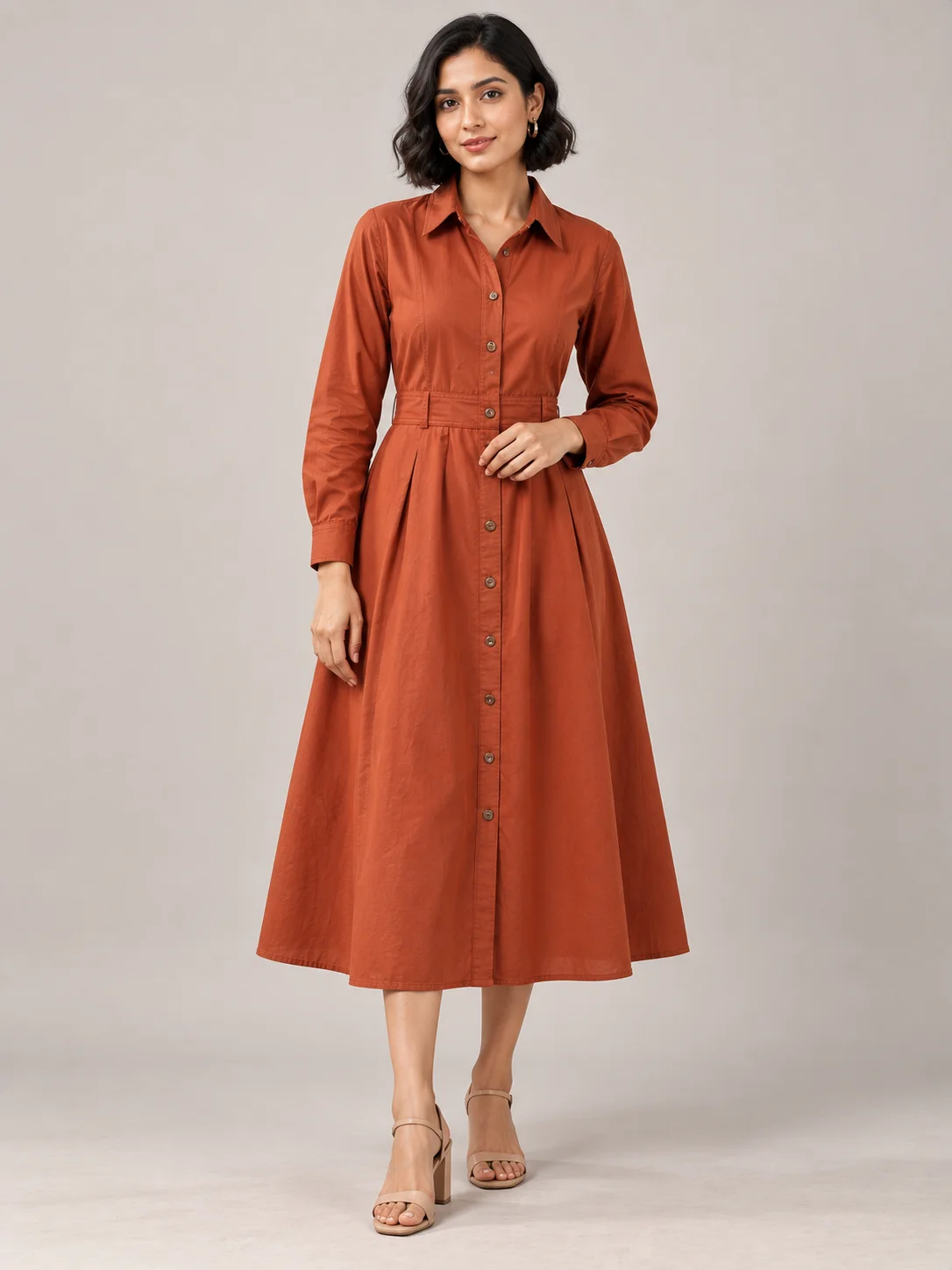 Rust Cotton Midi Shirt Dress