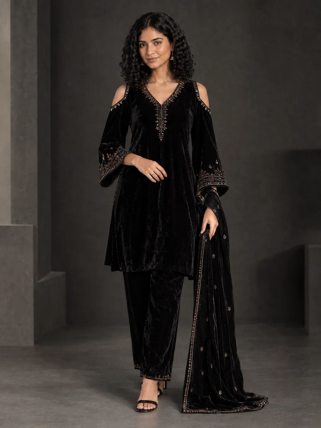 Black Velvet Cold-Shoulder Suit Set