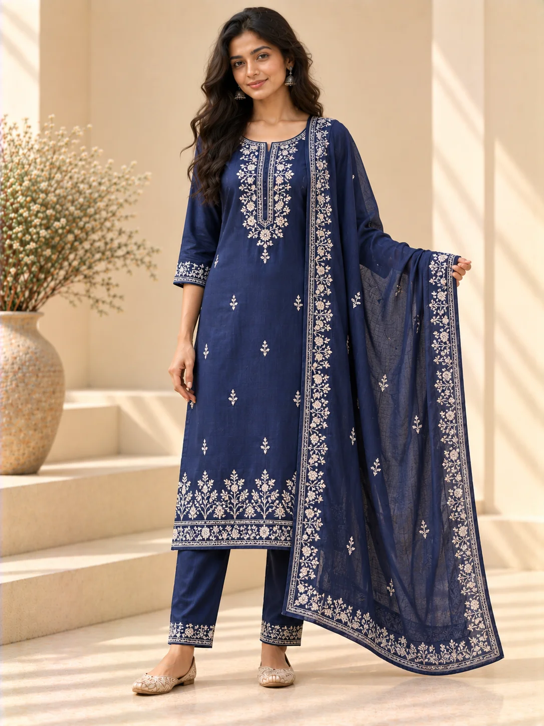 Indigo Cotton Hand-Embroidered Straight Suit Set