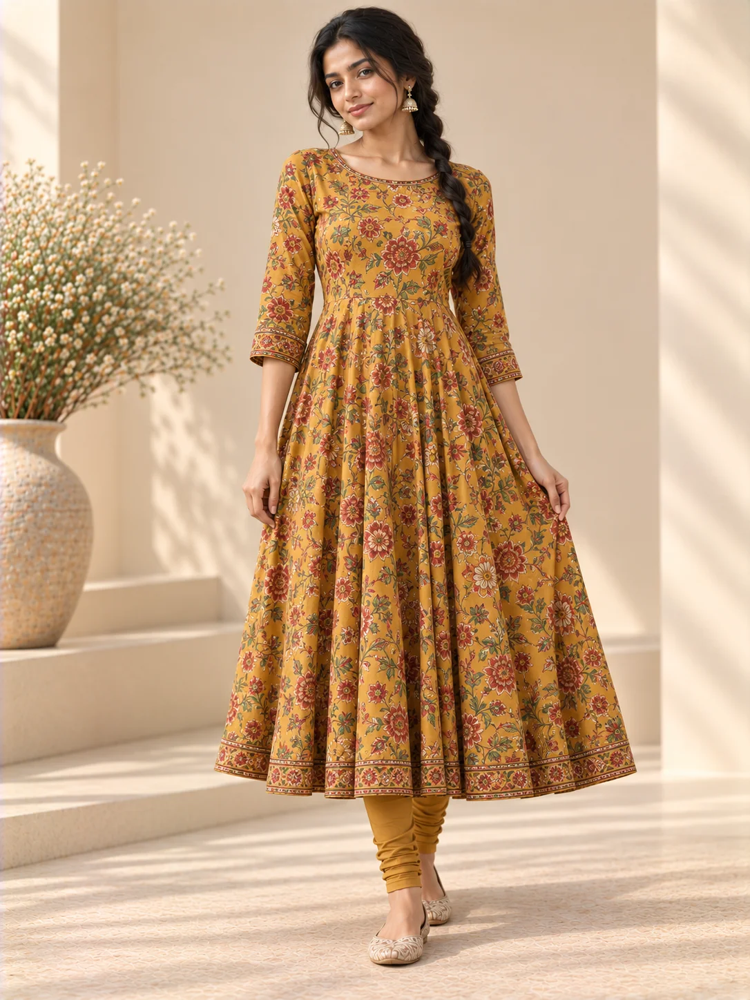 Mustard Floral Anarkali Kurta & Churidar Set — AURELIA