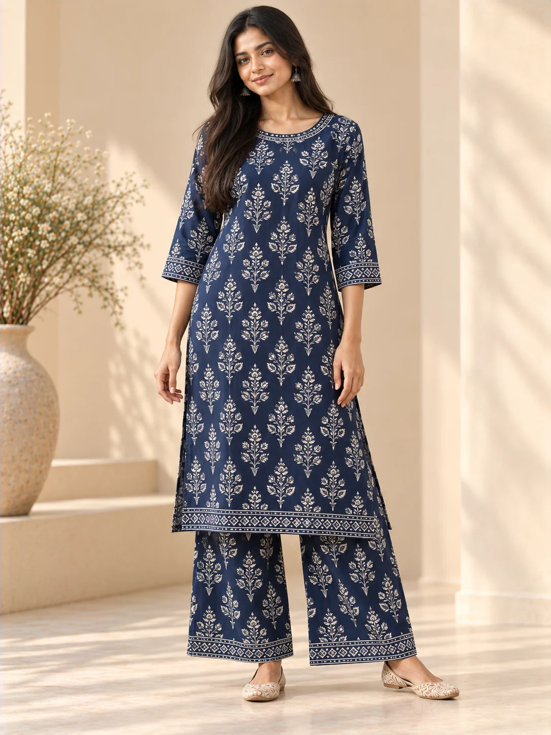 Navy Blue Printed Straight Kurta & Palazzo Set — AURELIA