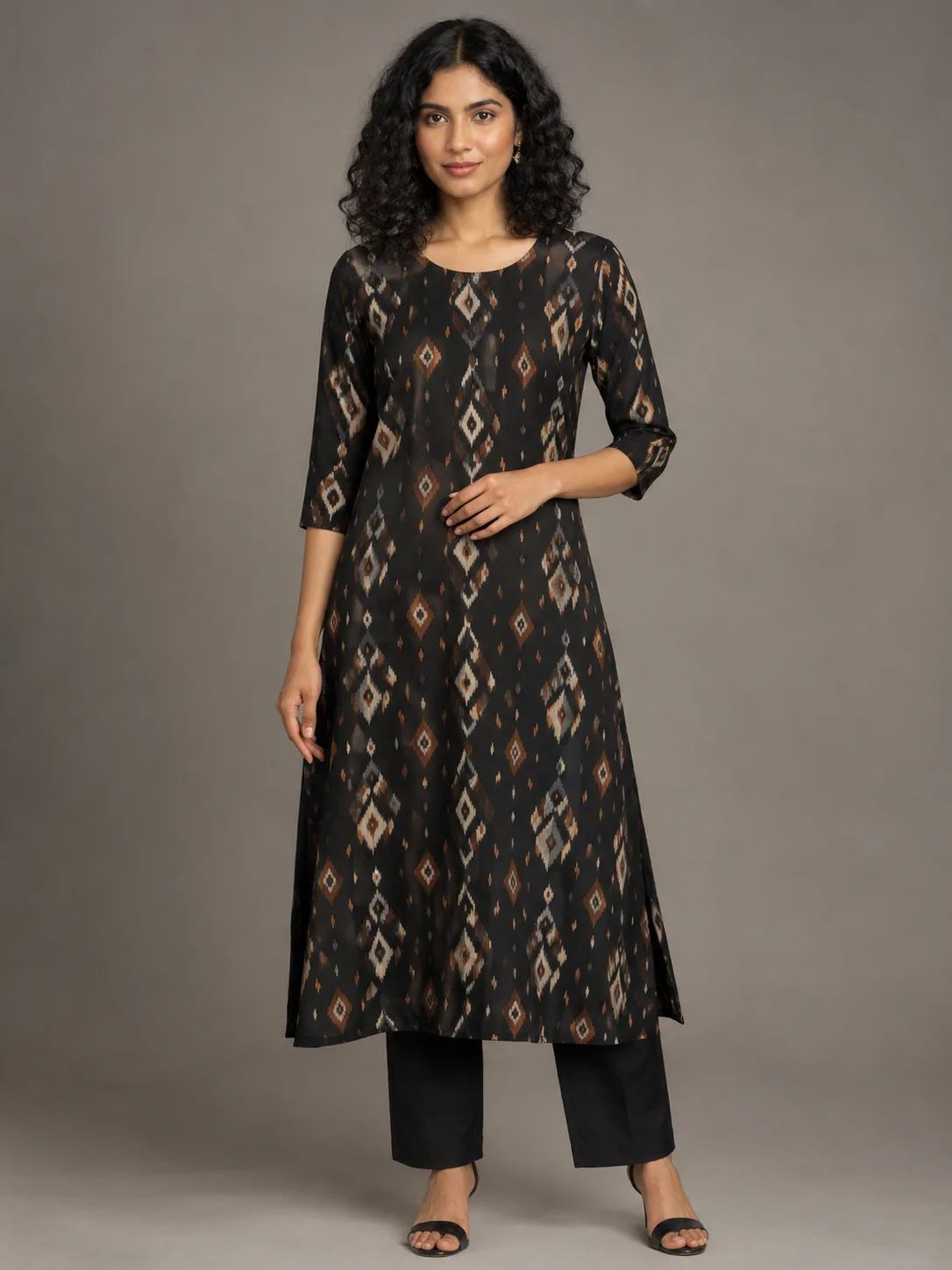Black Geometric Ikat A-Line Kurta