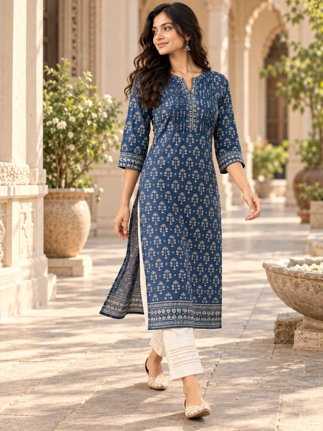 Indigo Block-Print Straight Kurta — AURELIA