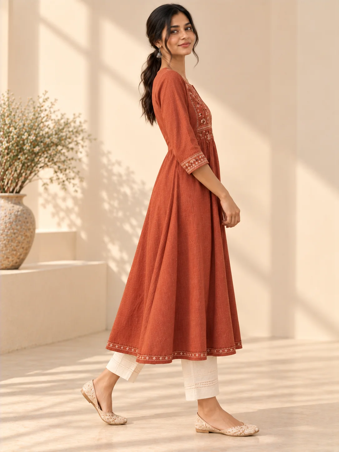 Rust Kantha Embroidered A-Line Kurta — AURELIA