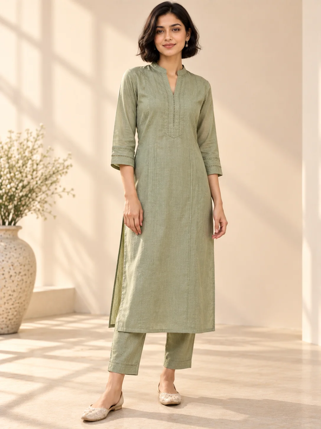 Sage Green Linen Blend Straight Kurta