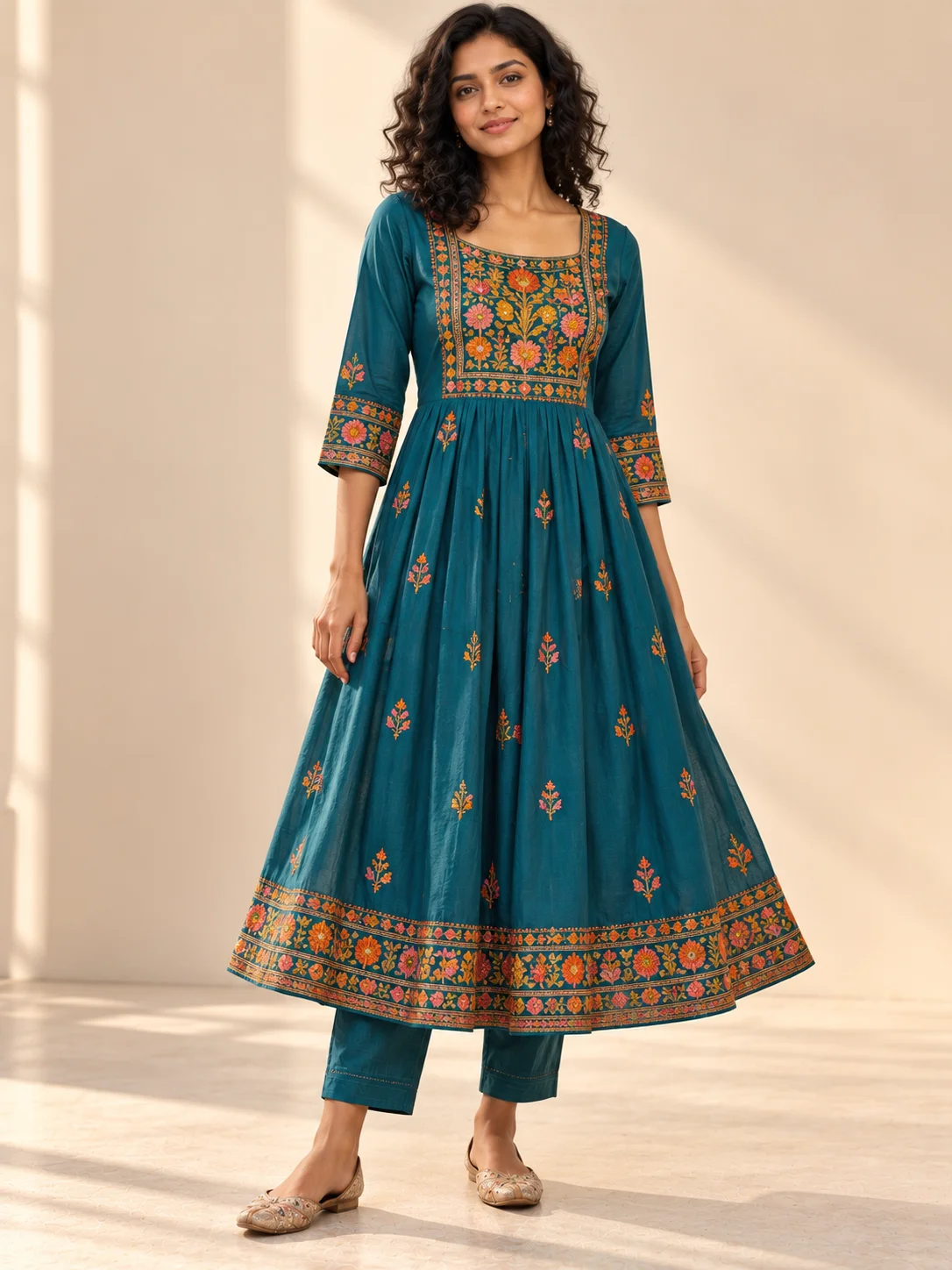 Teal Phulkari Embroidered Flared Kurta