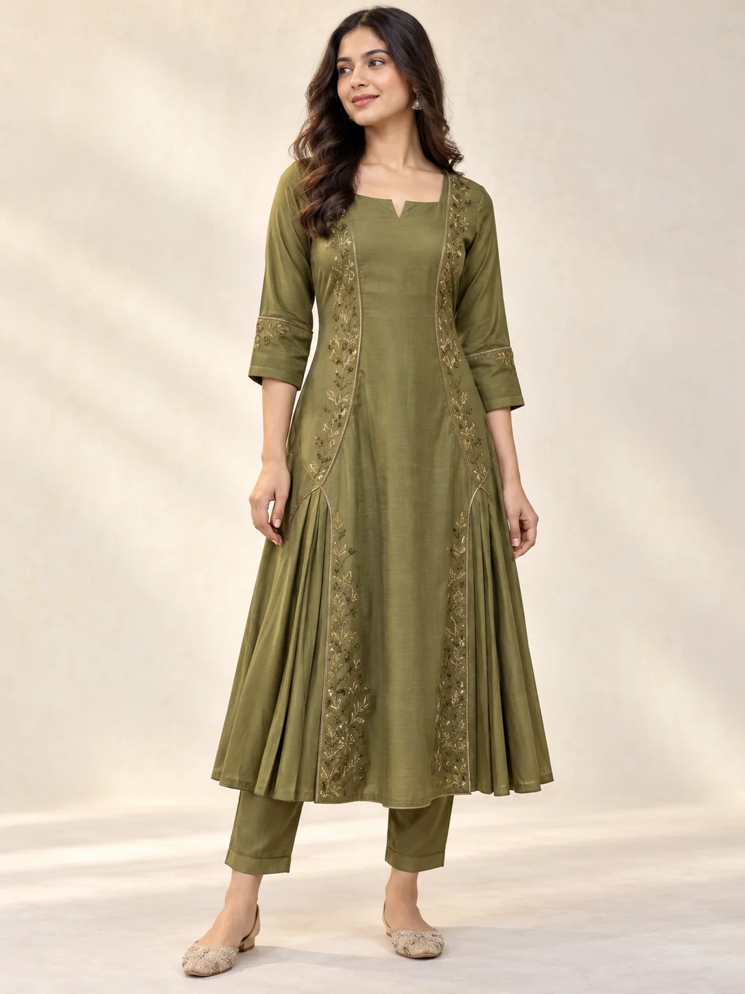 Olive Viscose Blend A-Line Kurta
