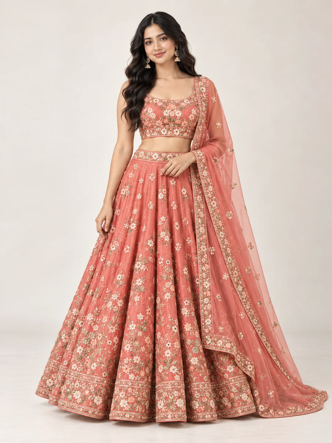 Coral Floral Embroidered Lehenga Set — AURELIA