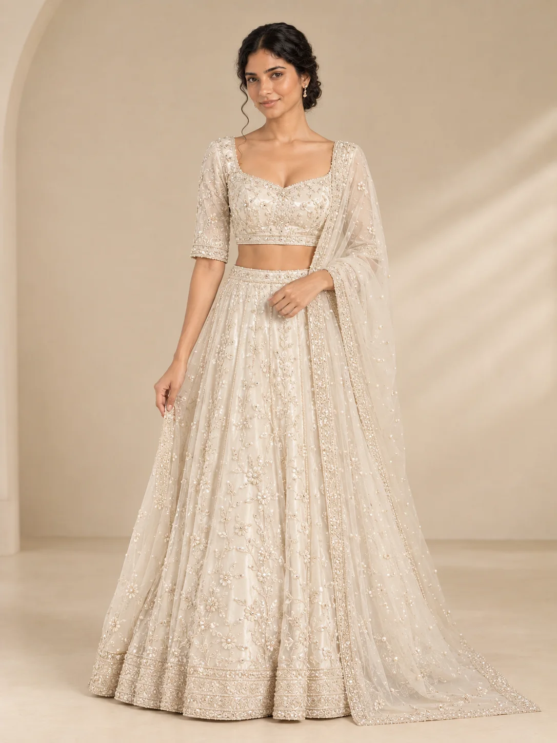 White Pearl Bridal Lehenga Set