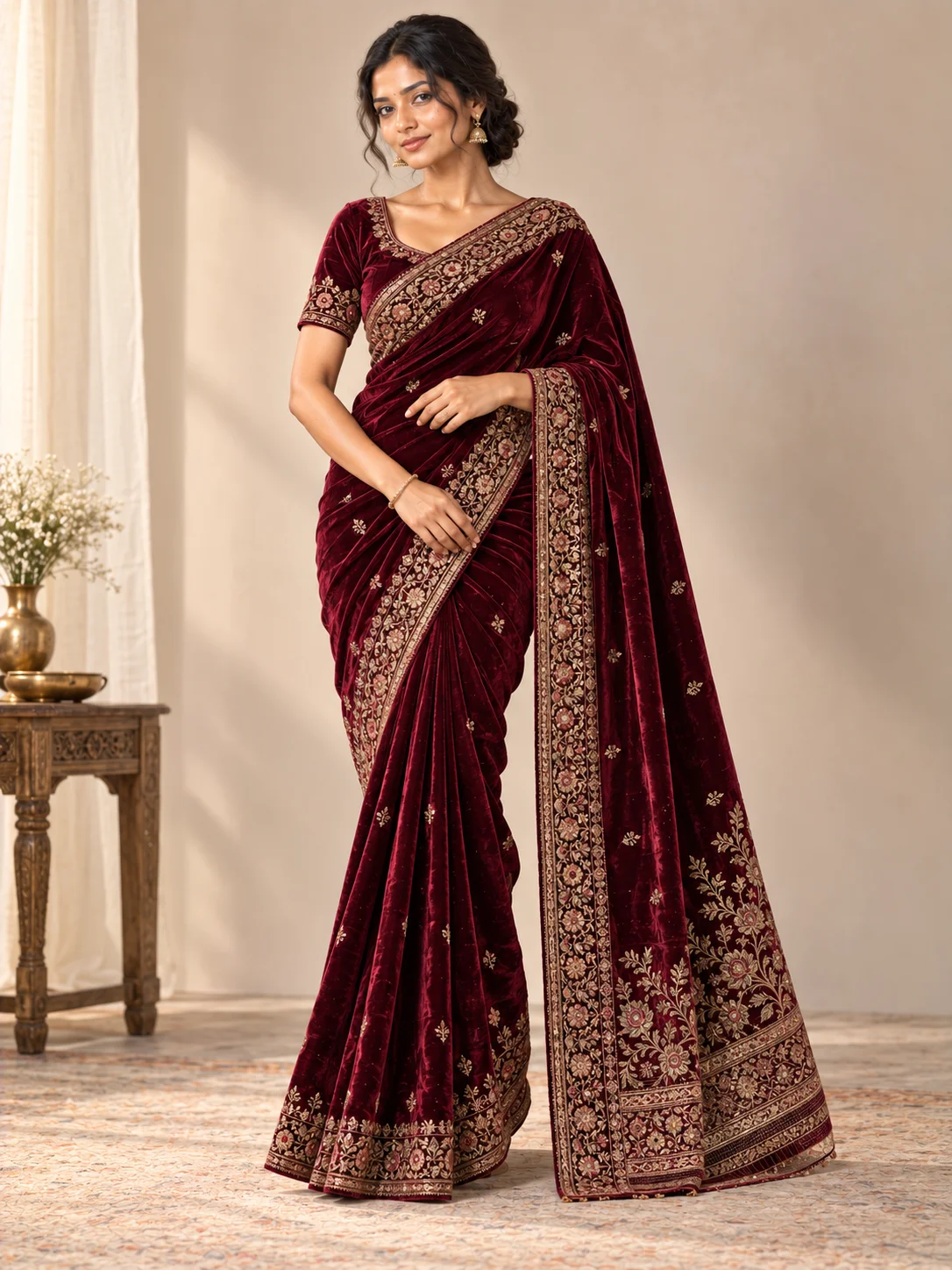Burgundy Velvet Embroidered Saree