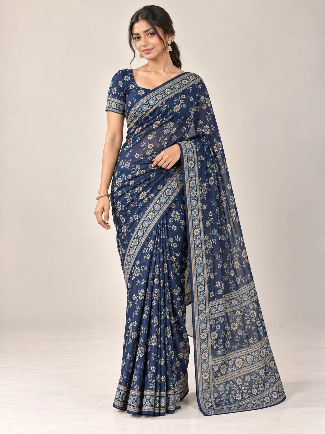 Navy Blue Georgette Printed Saree — AURELIA