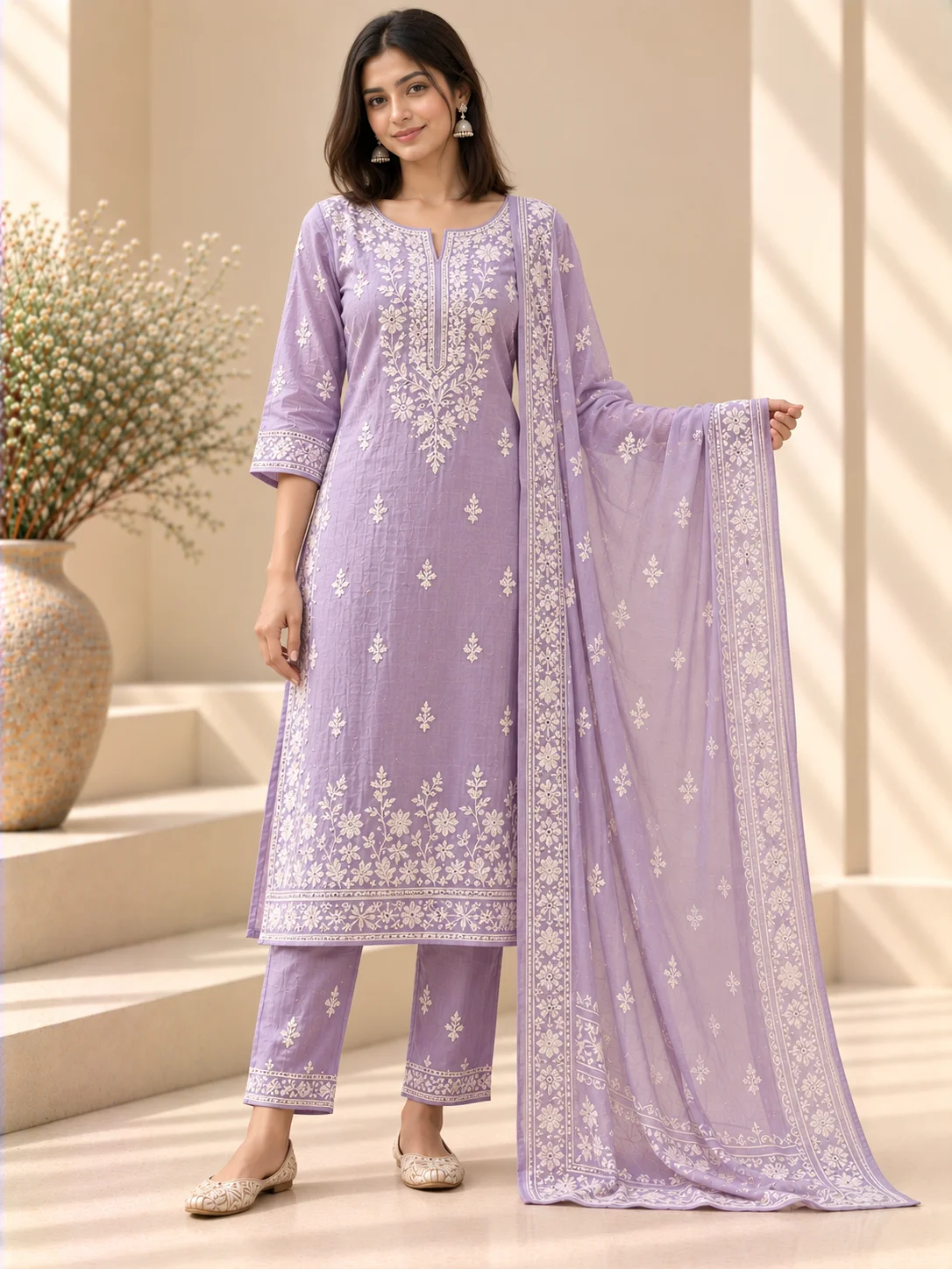 Lavender Cotton Lucknowi Suit Set — AURELIA