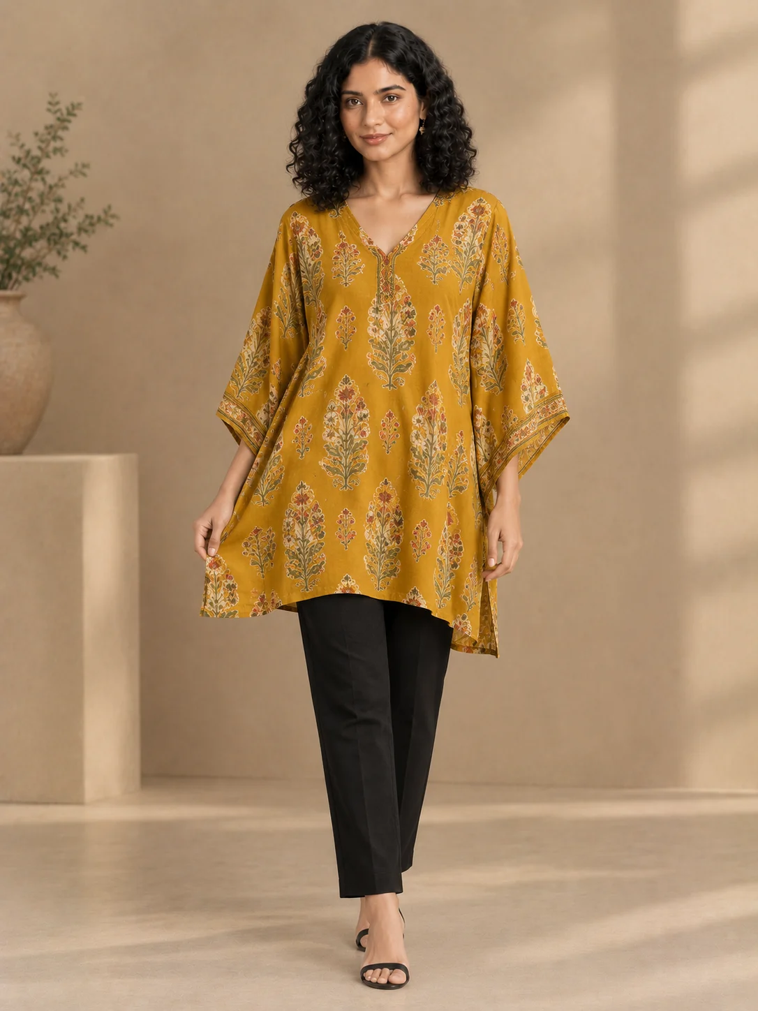 Mustard Block-Print Kaftan Top